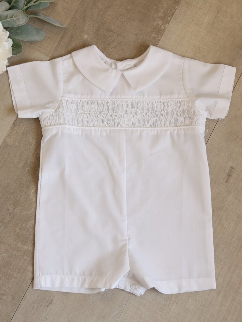 White Heirloom Smocked Jon Jon Romper Boys Special Occasion Portrait Ring Bearer